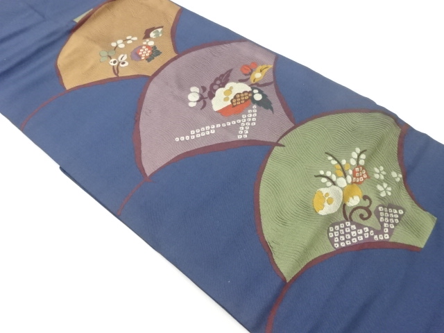 ふくれ織抽象扇に草花・鹿の子模様織出し名古屋帯